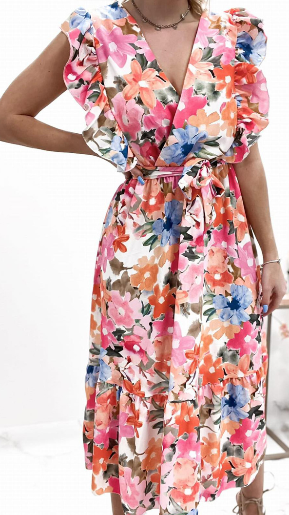 Φόρεμα midi floral με βολάν - Ιβουάρ 20683