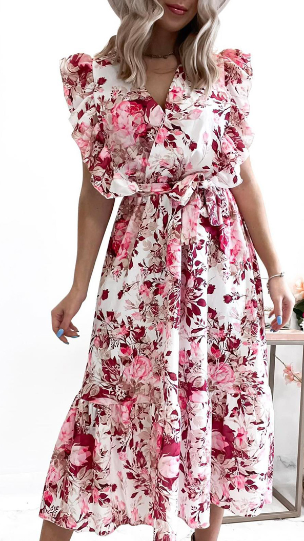 Φόρεμα midi floral με βολάν - Λευκό 20684