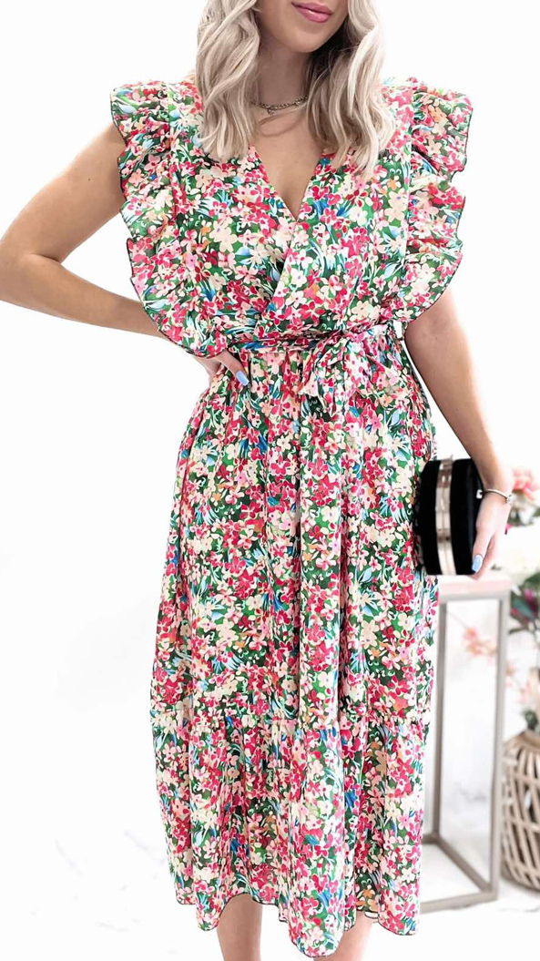 Φόρεμα midi floral με βολάν - Πράσινο 20685